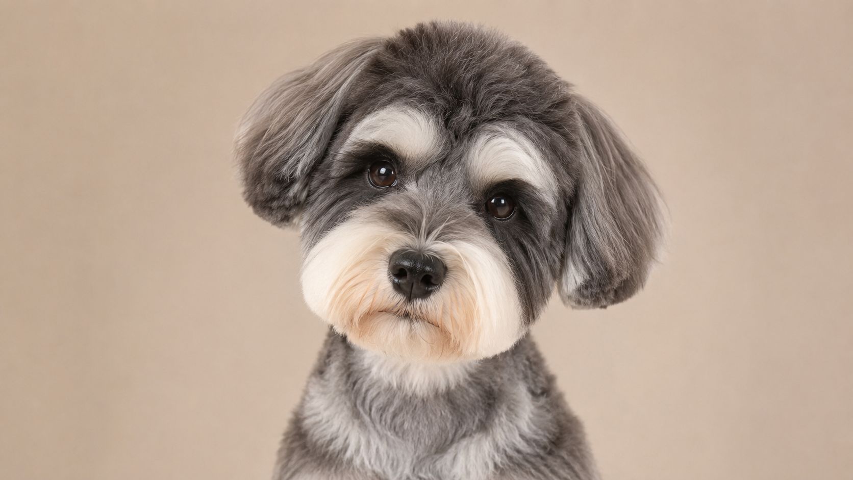 A close-up portrait of a cute grey Schnauzer dog with a clean, professional haircut against beige background.