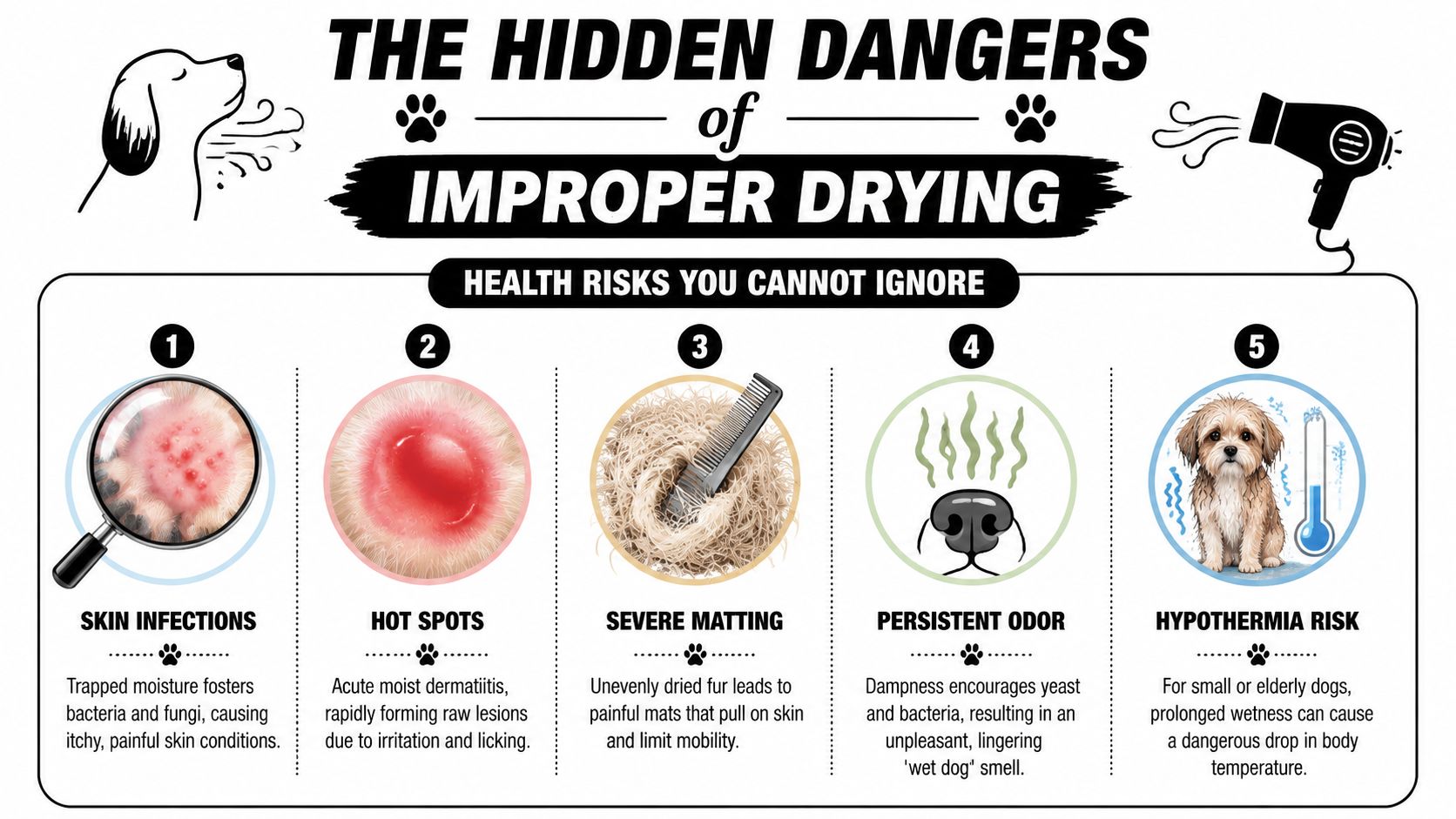 An infographic showing five health risks of improper dog drying, including skin infections, hot spots, and hypothermia.