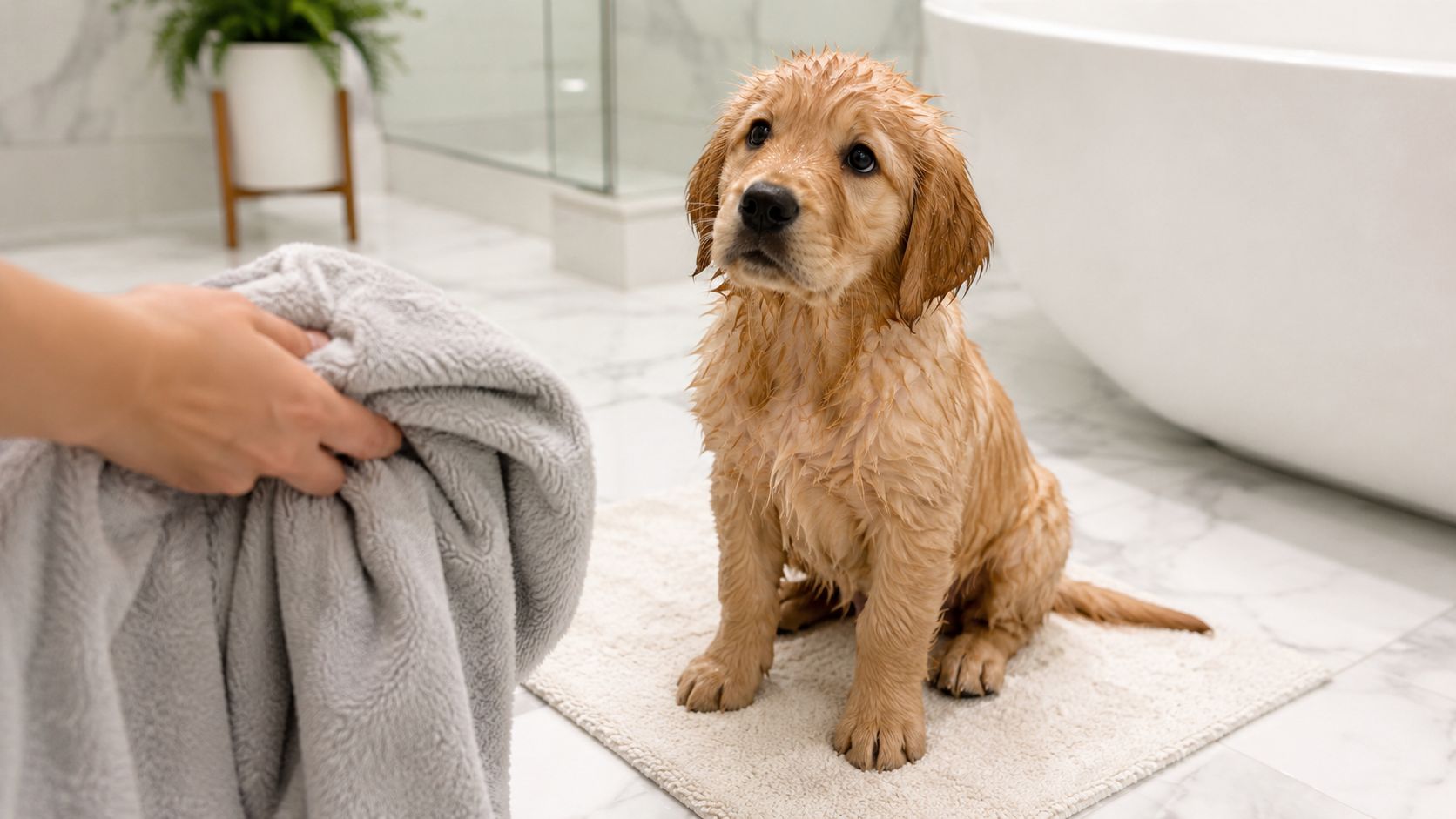 A wet golden retriever puppy sits on a bath mat waiting to be dried with a towel.
