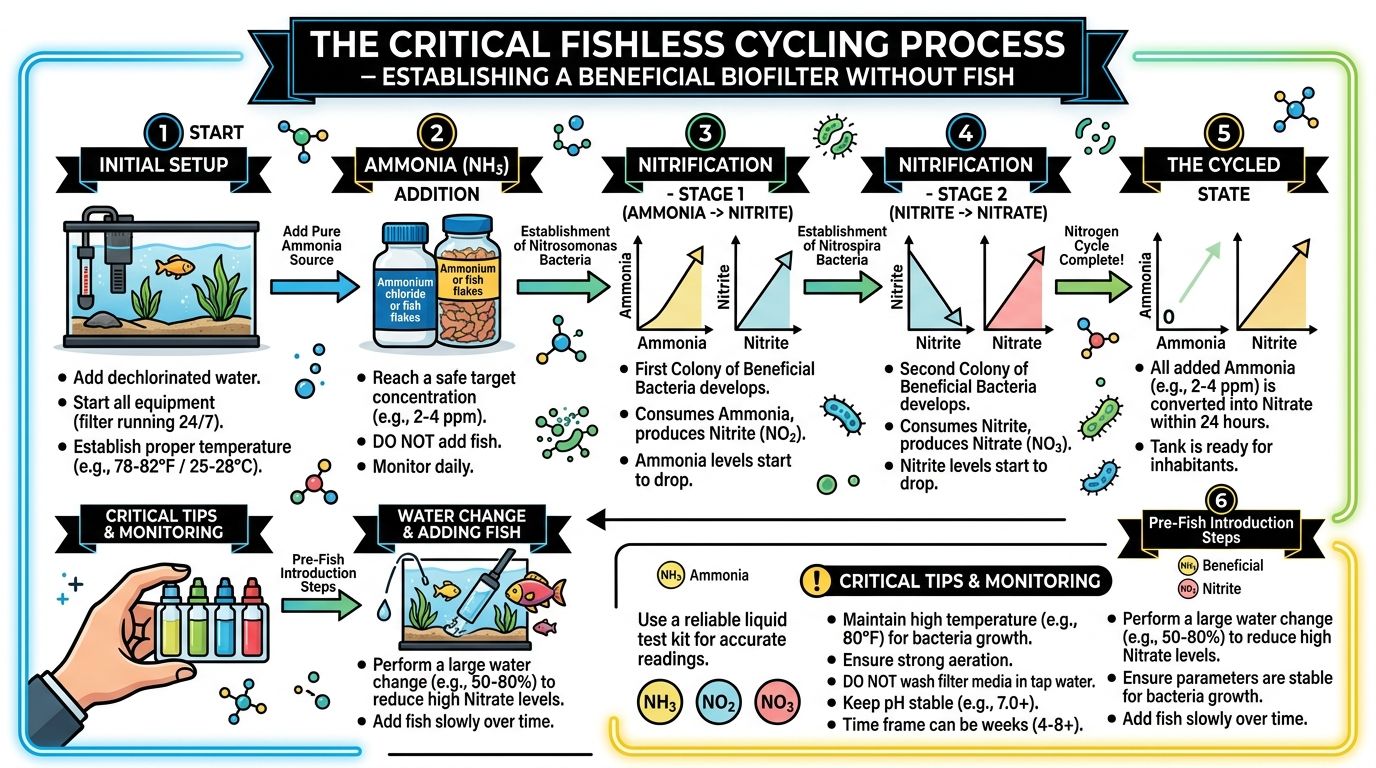An infographic diagram explaining the fishless cycling process for establishing a healthy aquarium biofilter ecosystem.