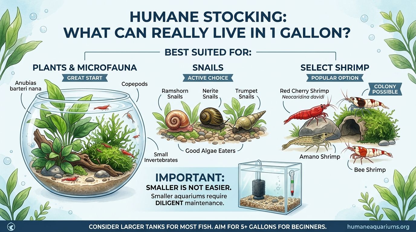 An infographic showing appropriate animals and plants for a one-gallon aquarium, including shrimp, snails, and microfauna.