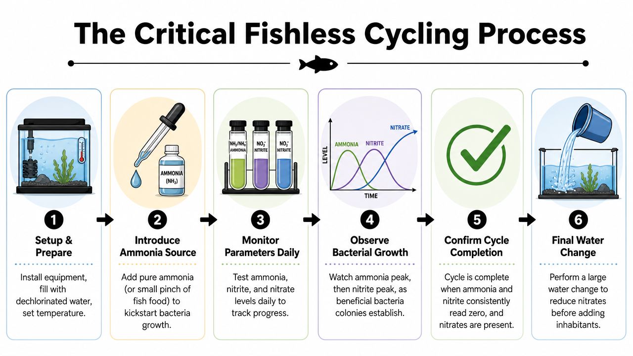 An infographic detailing the six-step process for fishless cycling a new 1 gallon tank aquarium.