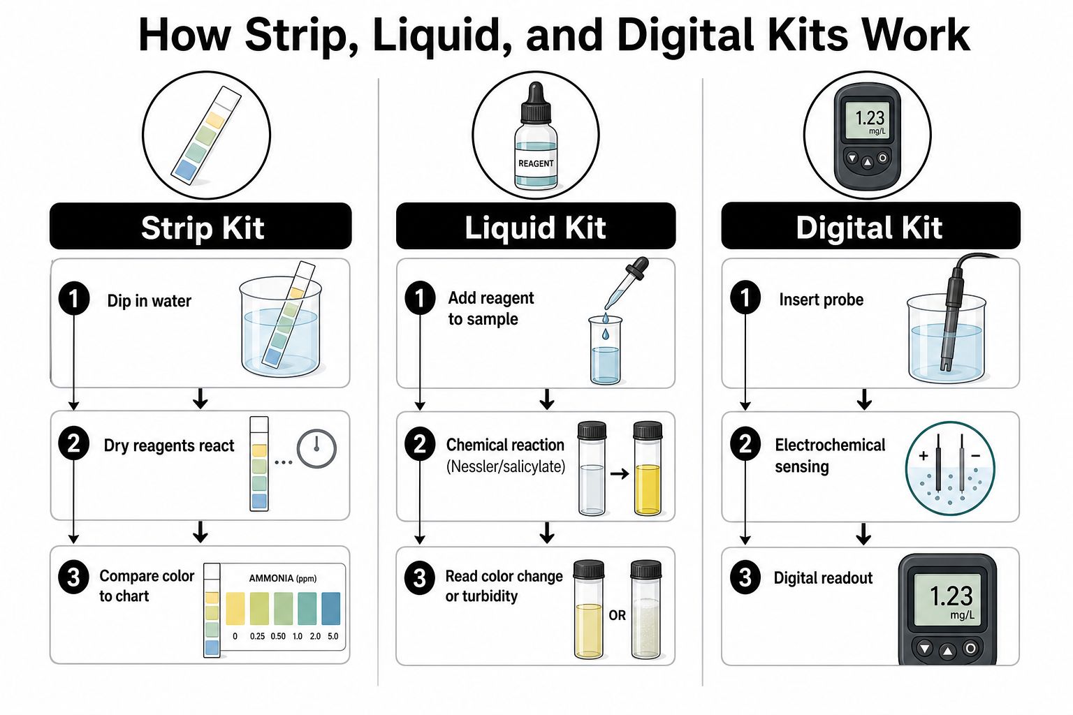 A diagram comparing the processes of using strip, liquid, and digital ammonia test kits for water quality.