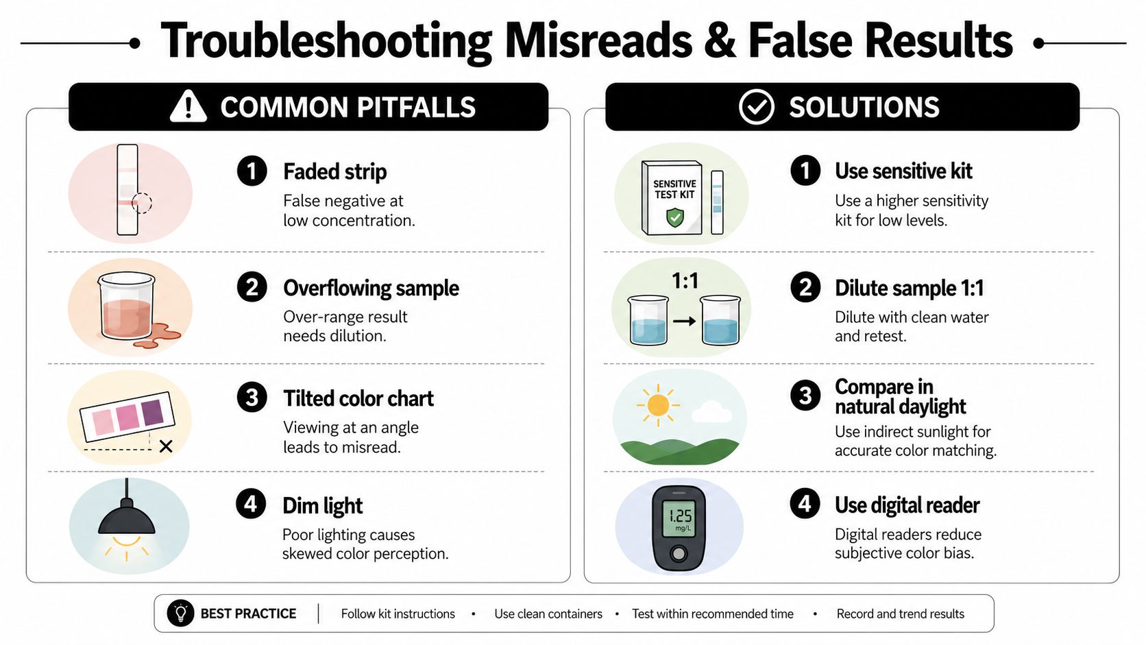 An infographic titled Troubleshooting Misreads and False Results detailing common testing pitfalls and their corresponding solutions.