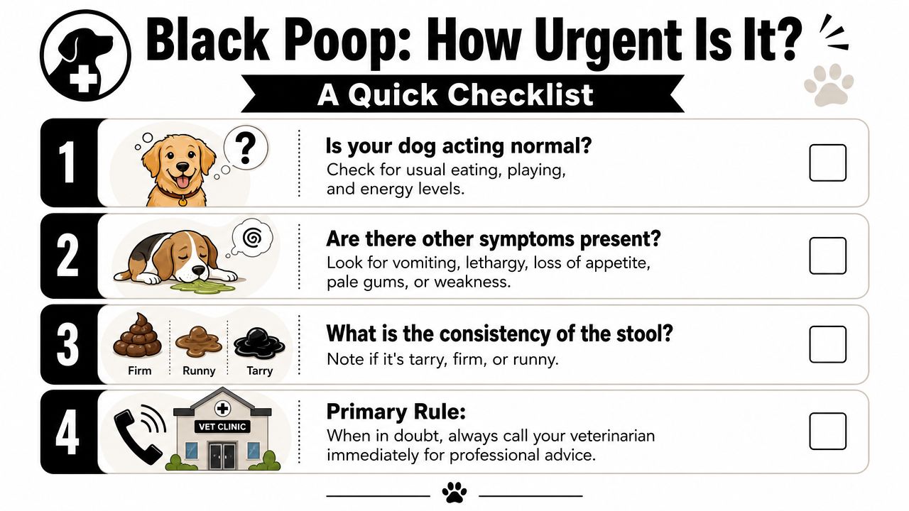 A helpful checklist for dog owners to assess the urgency of their pet passing black stools.
