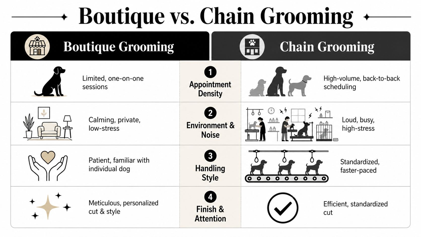 A comparison chart outlining the key differences between boutique dog grooming and chain store grooming services.