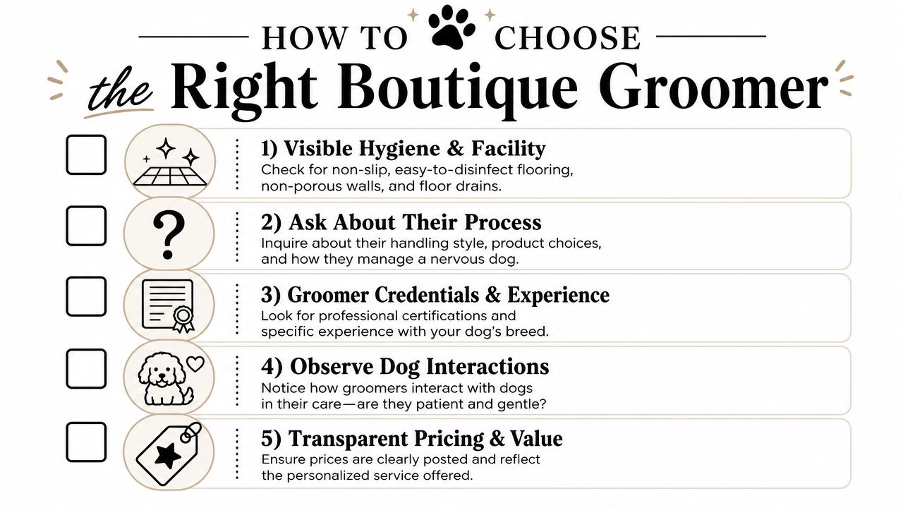 A checklist infographic titled How to Choose the Right Boutique Groomer listing five tips for choosing pet grooming services.
