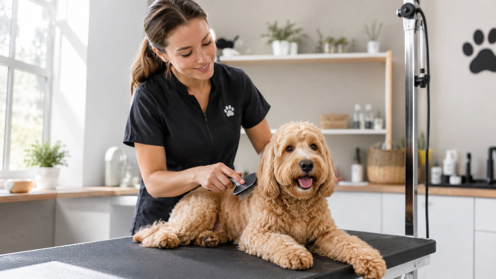 A professional groomer brushes the soft curly fur of a golden doodle dog on a grooming table.