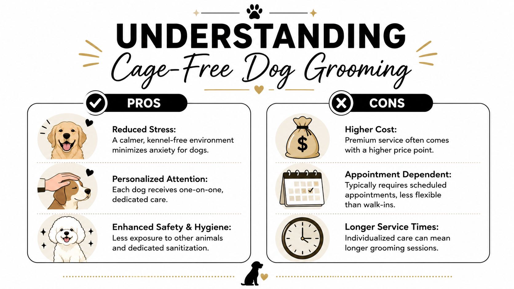 An infographic comparing the benefits and drawbacks of cage-free dog grooming services for pet owners.