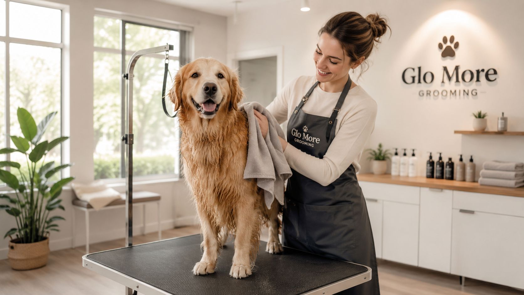 A professional groomer drying a friendly golden retriever dog on a grooming table at a pet salon.