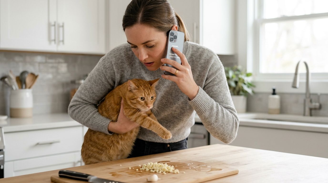 A concerned woman holding an orange tabby cat while looking at minced garlic on a cutting board.