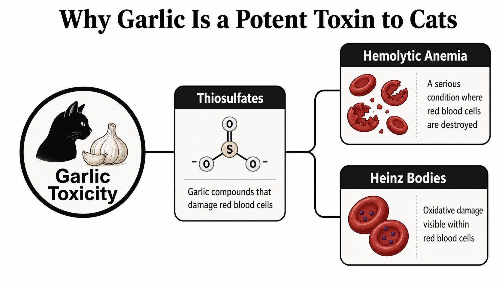 A diagram explaining why garlic causes toxicity in cats, showing thiosulfates leading to hemolytic anemia and Heinz bodies.