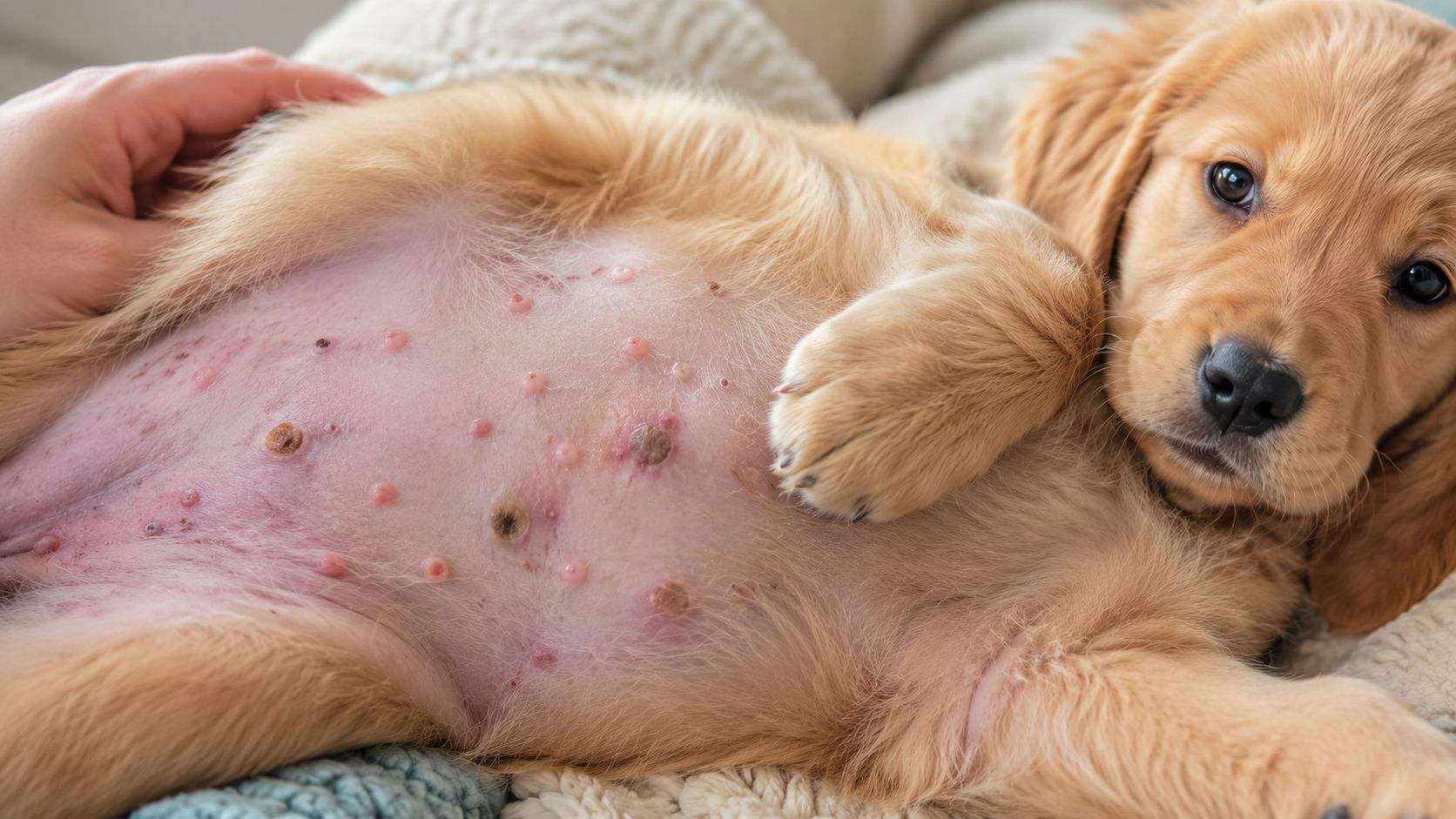 A golden retriever puppy lying on its back showing red spots and pustules on its belly skin.