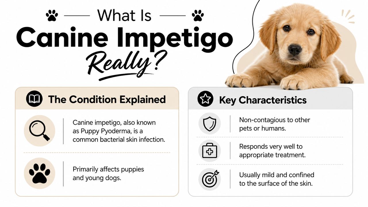 An infographic explaining canine impetigo in puppies, highlighting its common causes, characteristics, and non-contagious nature.