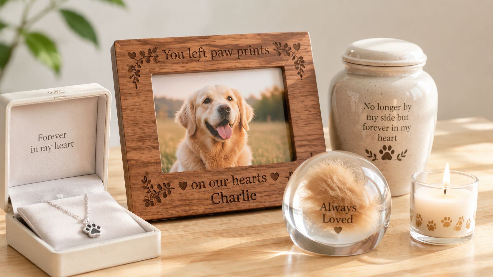 A wooden memorial frame, a pet urn, a glass keepsake, and a paw print necklace on a table.