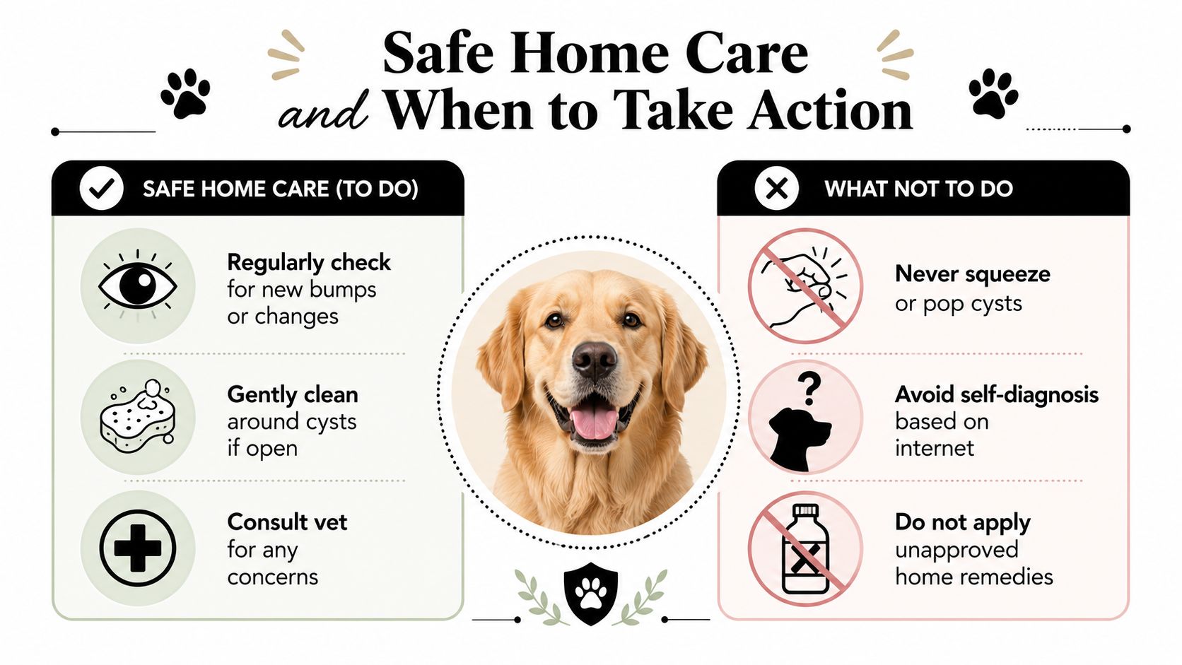 An infographic detailing safe home care practices and actions to avoid regarding skin cysts in dogs.