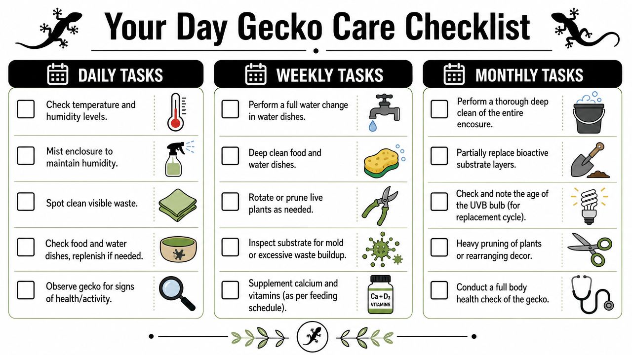 A checklist infographic outlining daily, weekly, and monthly care tasks for a pet day gecko.