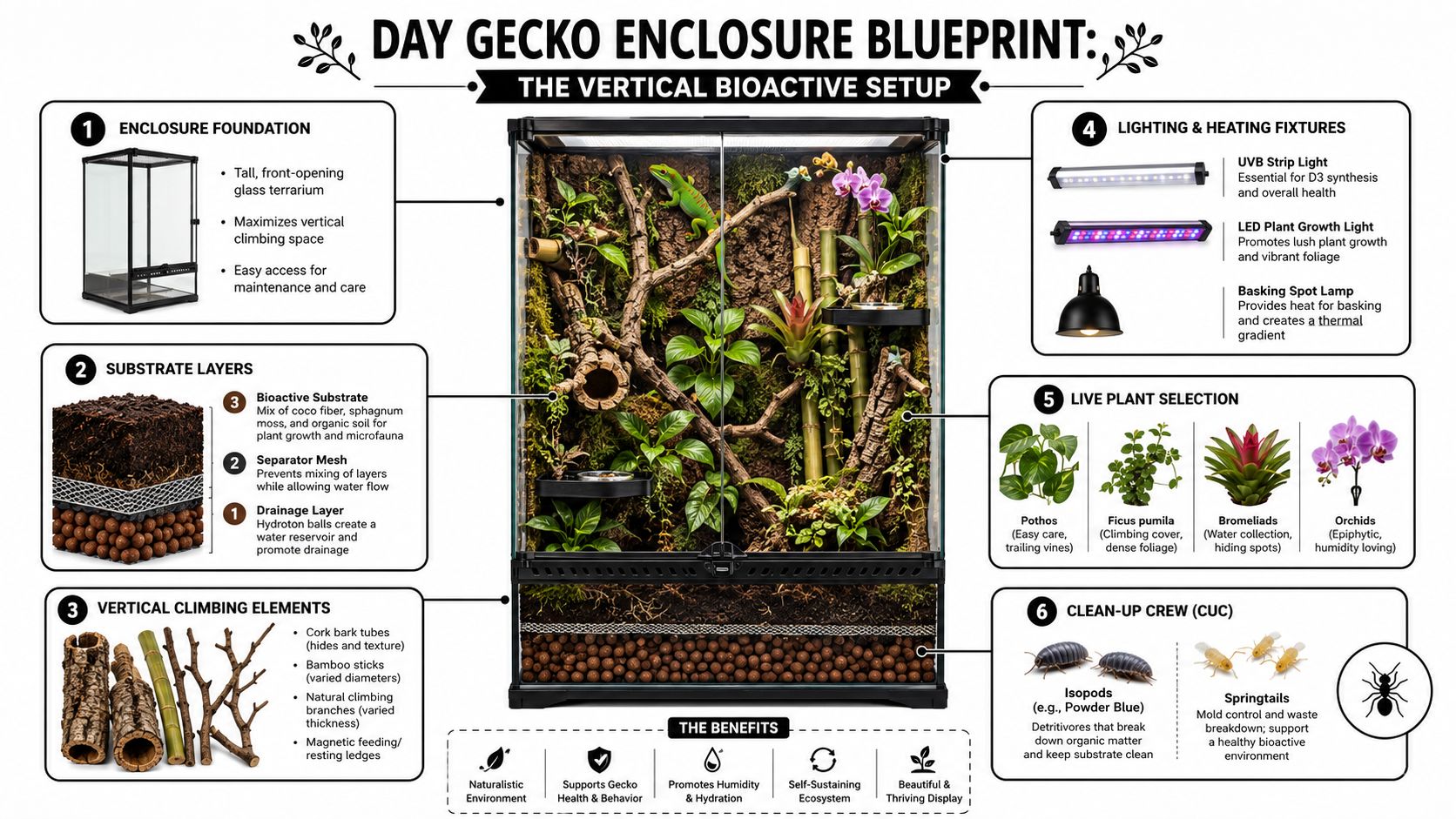 An infographic showing the components of a bioactive vertical enclosure setup for a pet day gecko.