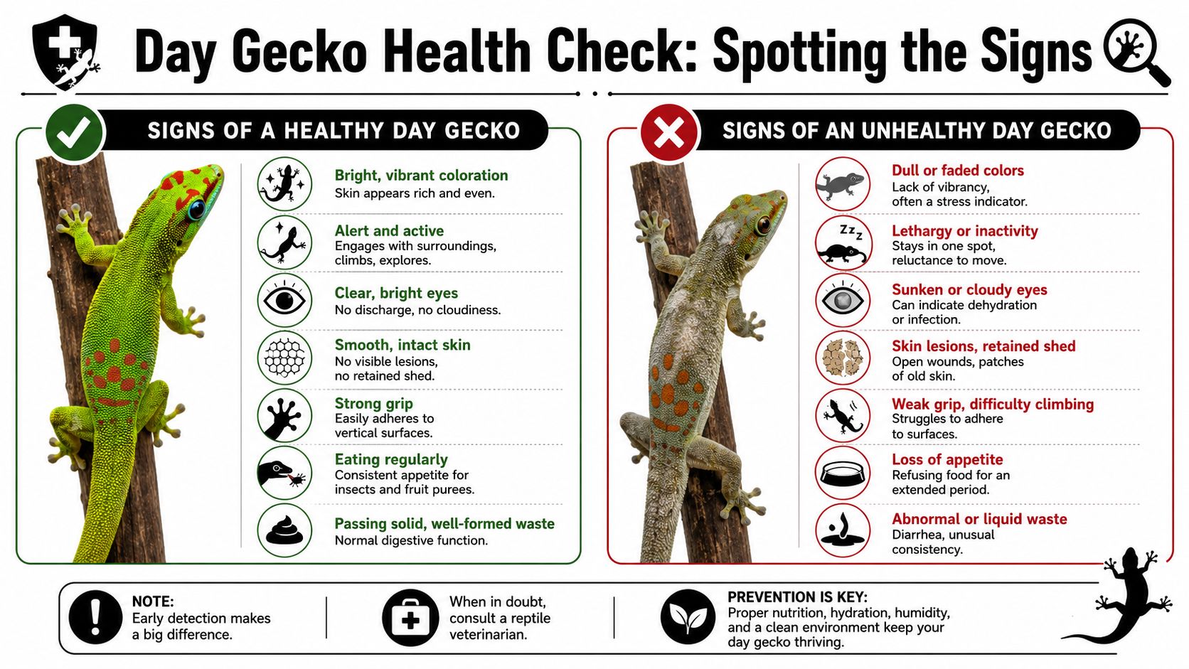 An infographic showing health signs of a healthy versus an unhealthy day gecko for proper pet care.