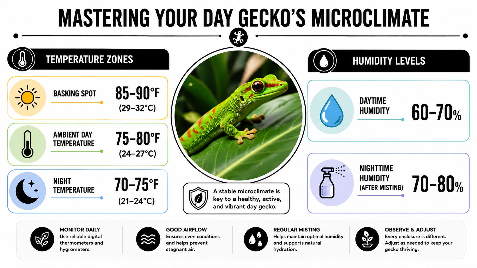 An infographic detailing the ideal temperature and humidity ranges for a pet day gecko's enclosure.