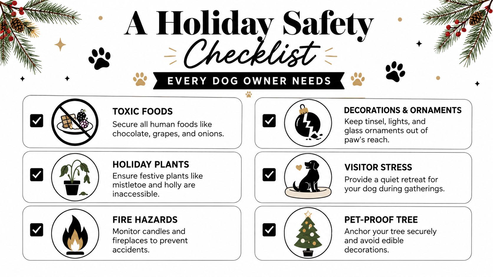A safety checklist infographic for dog owners during the holidays covering food, plants, decor, and pets.