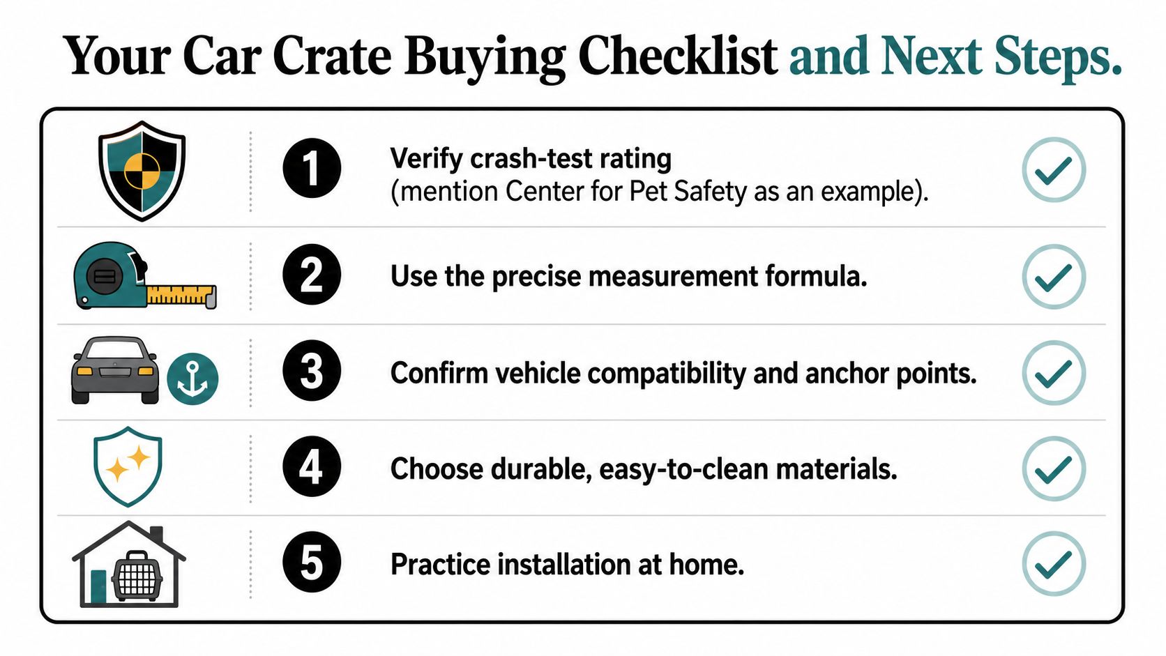 A checklist infographic detailing five essential steps for buying a safe car crate for your pet.