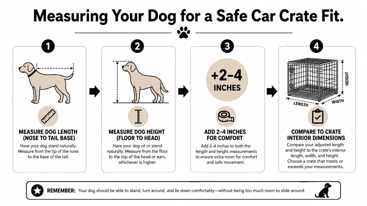An infographic showing four simple steps to measure a dog for a safe car crate fit.