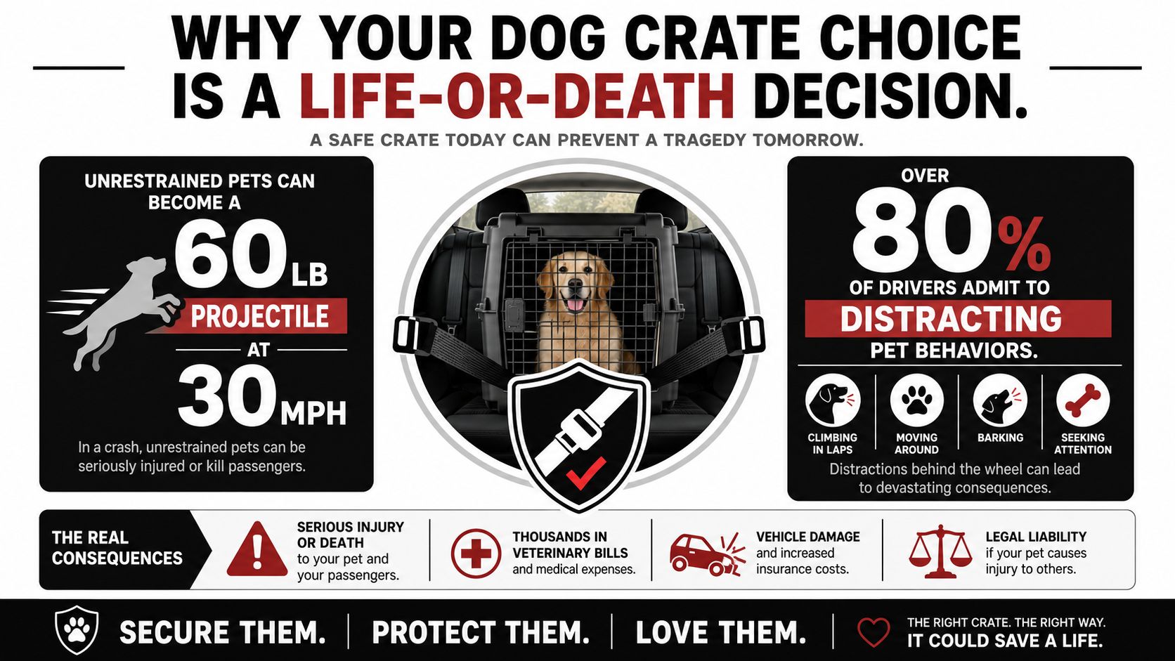 An infographic explaining the life-saving importance of using a secure dog crate for car travel.
