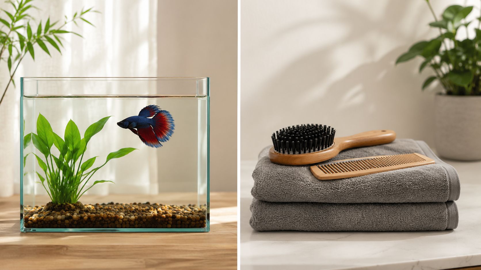 A split-screen view featuring a vibrant betta fish in an aquarium and a set of wooden grooming accessories on towels.