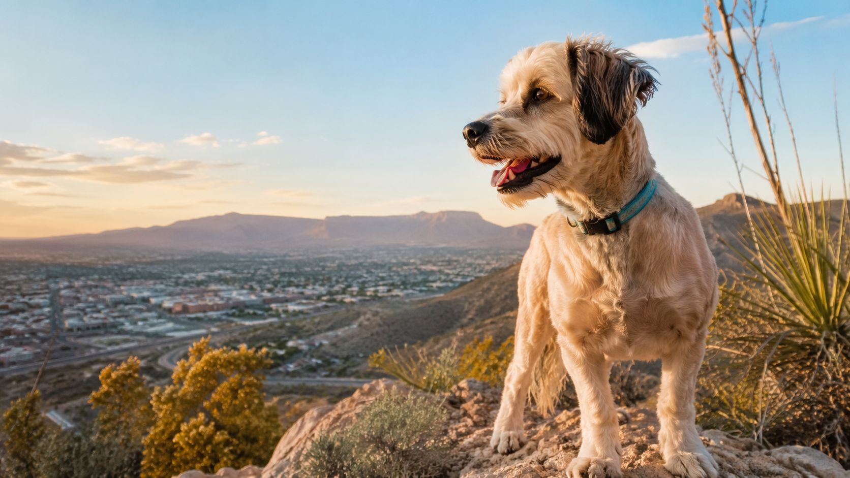 A happy light-colored dog standing on a rocky mountain peak overlooking a scenic city at sunset.