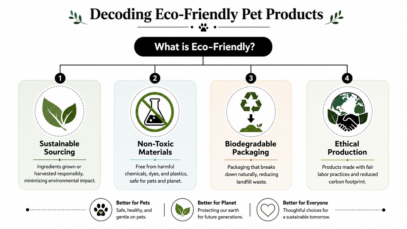 An infographic titled Decoding Eco-Friendly Pet Products, explaining sustainable sourcing, non-toxic materials, biodegradable packaging, and ethical production.