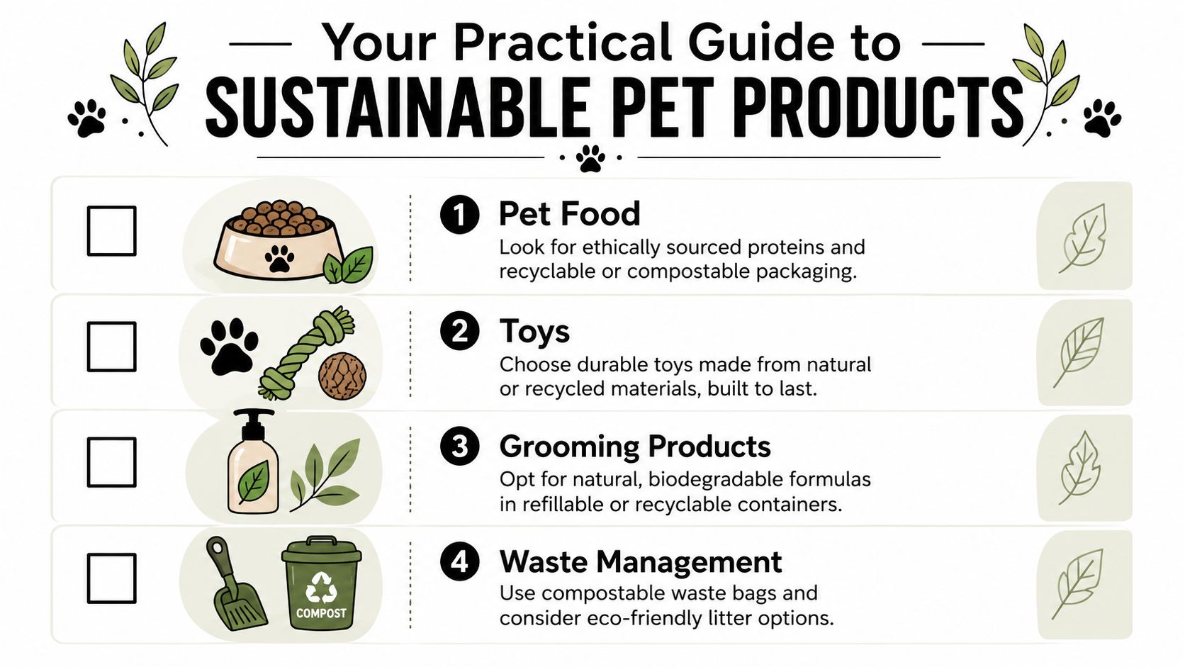 A checklist infographic titled Your Practical Guide to Sustainable Pet Products illustrating four tips for eco-friendly pet care.