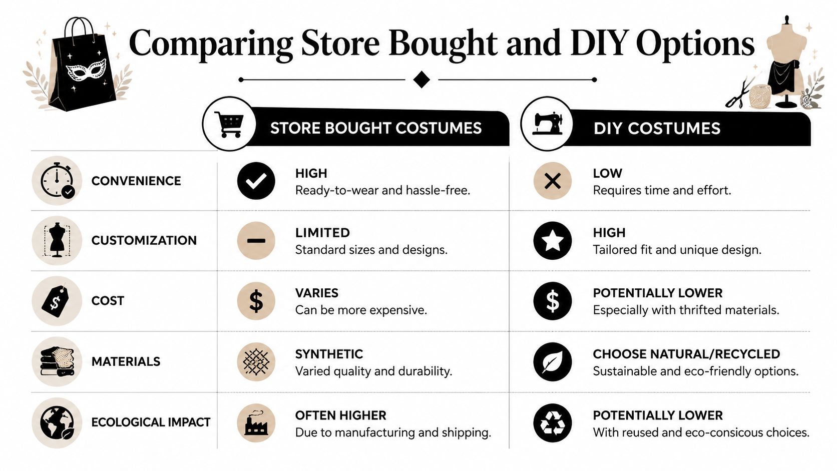 A comparison chart outlining the pros and cons of purchasing store-bought costumes versus creating DIY costumes.