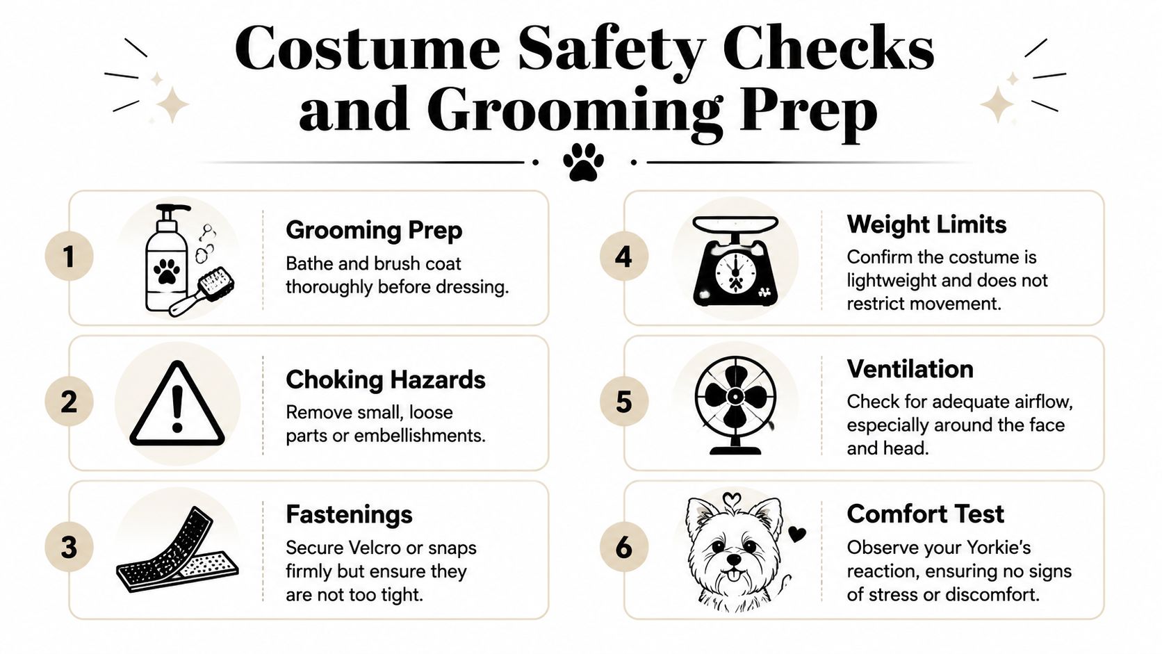An infographic detailing six essential safety and grooming tips for dressing Yorkshire Terriers in costumes.