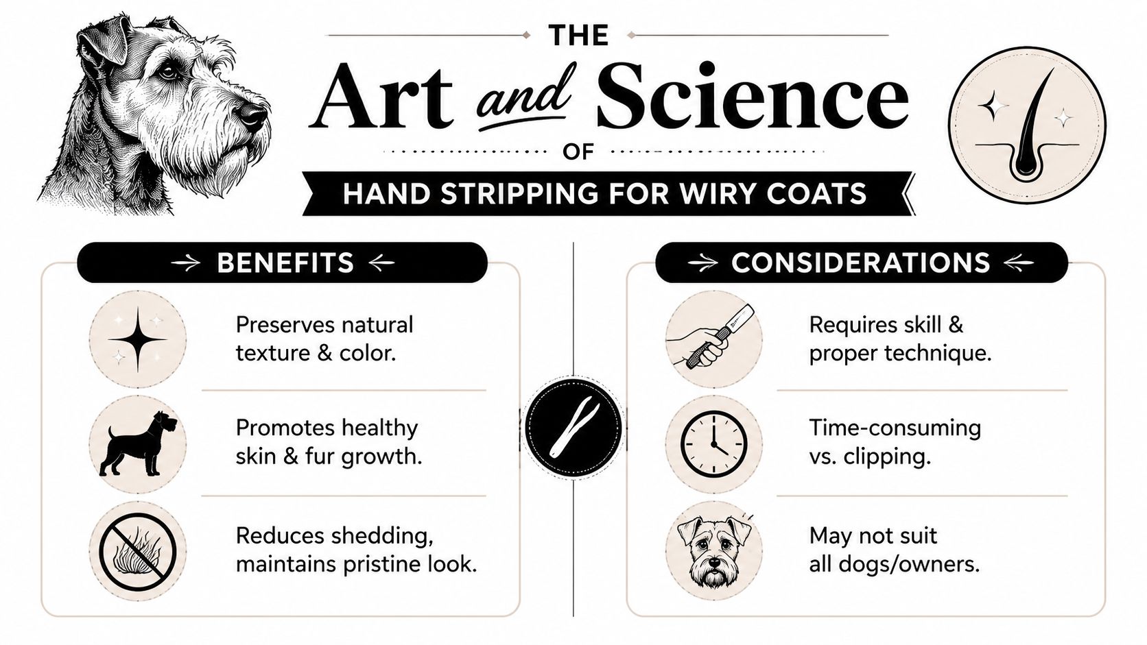 An infographic detailing the benefits and considerations of hand stripping for wiry dog coats.