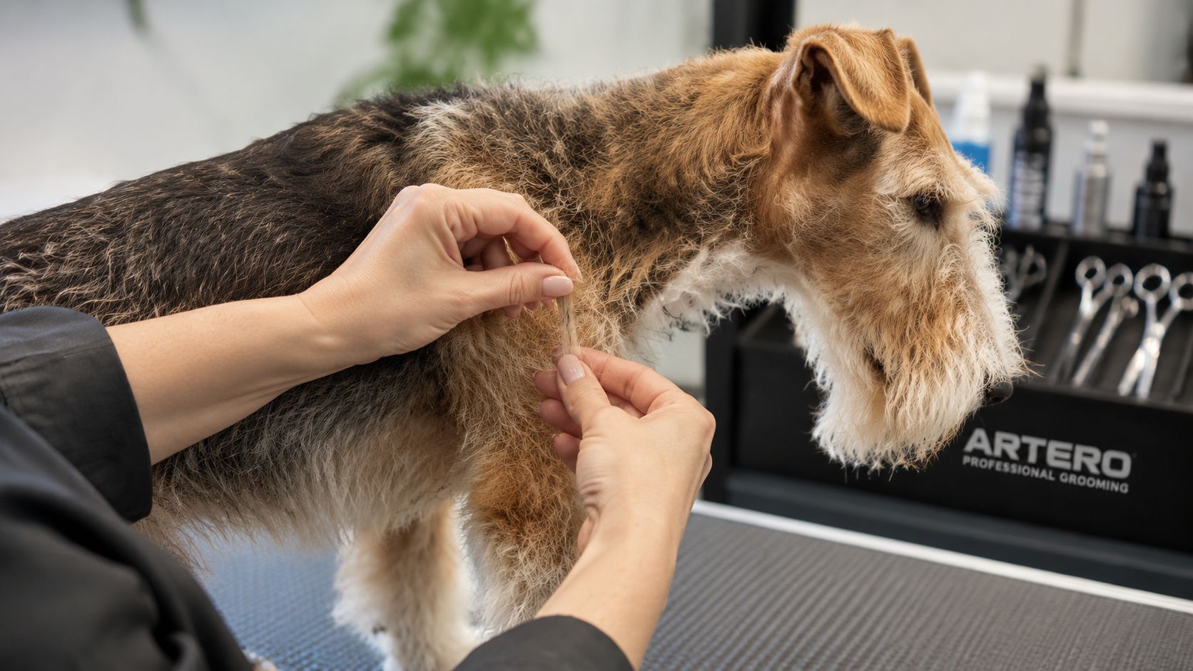 A professional dog groomer performs hand stripping techniques on the fur of a wire-haired terrier dog.