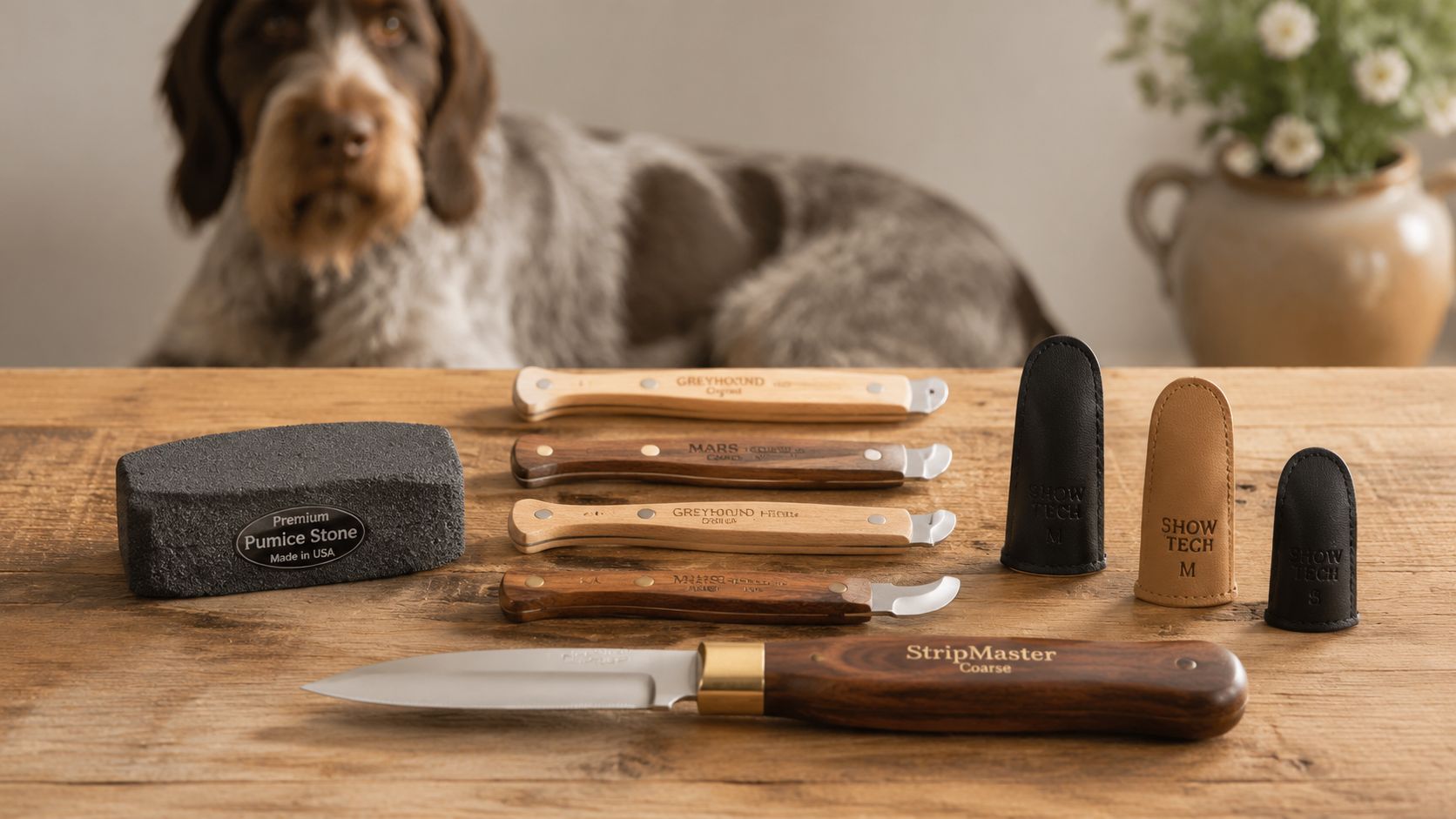 Professional hand stripping tools, knives, and pumice stone for dog grooming displayed on a wooden table.