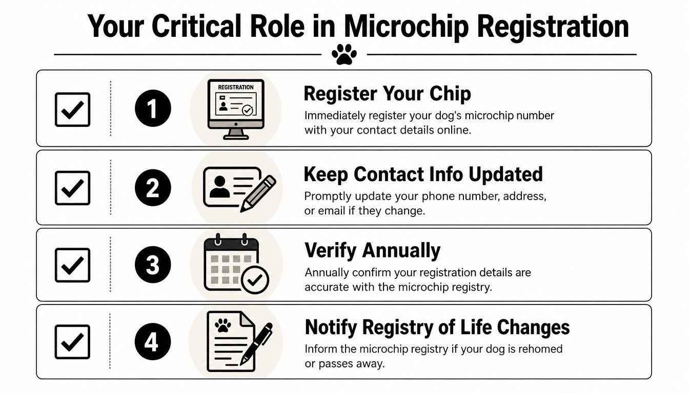 A four-step infographic illustrating the pet owner's responsibilities for registering and maintaining dog microchip information.
