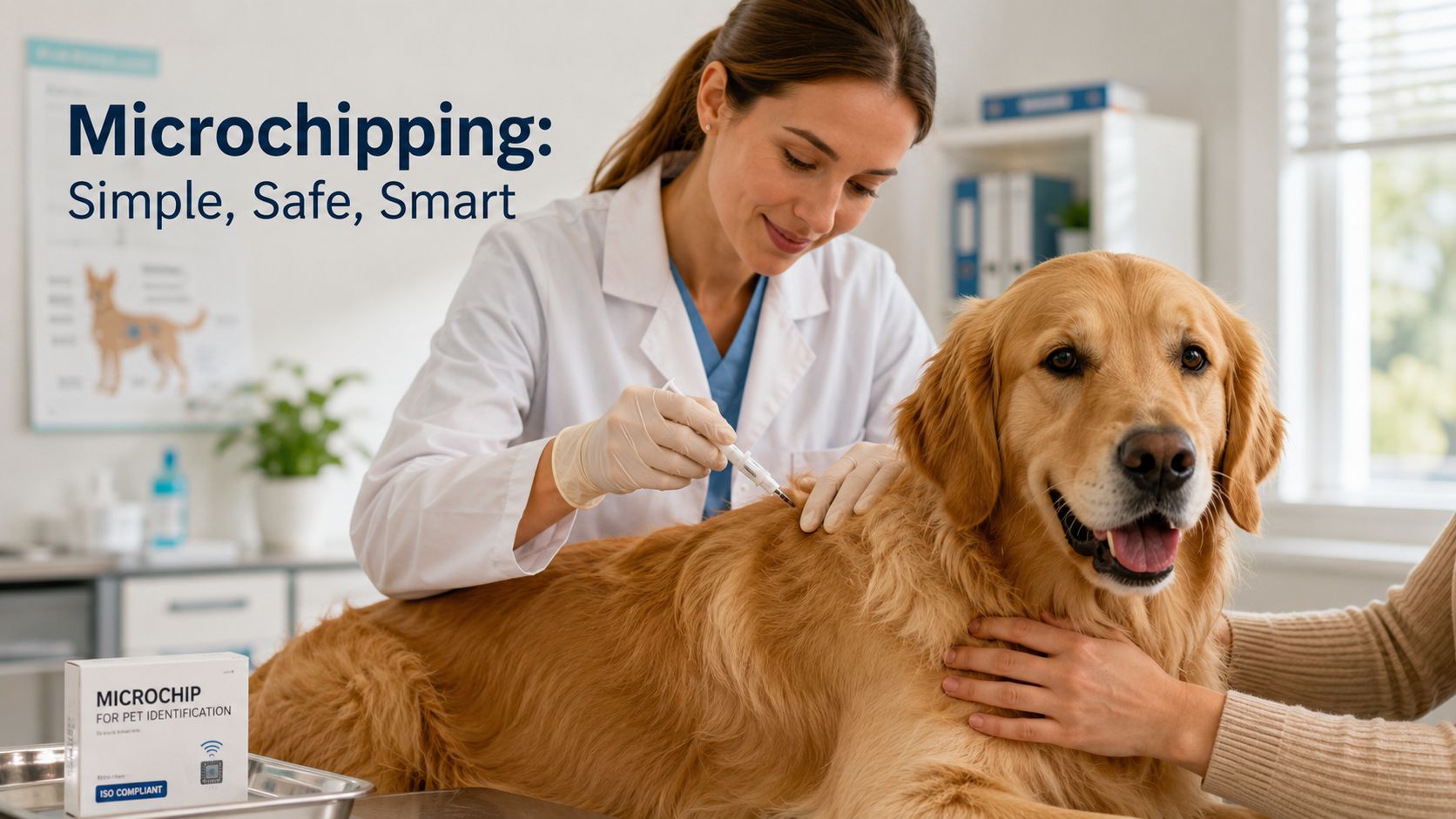 A veterinarian performing a microchipping procedure on a golden retriever dog in a professional clinic setting.
