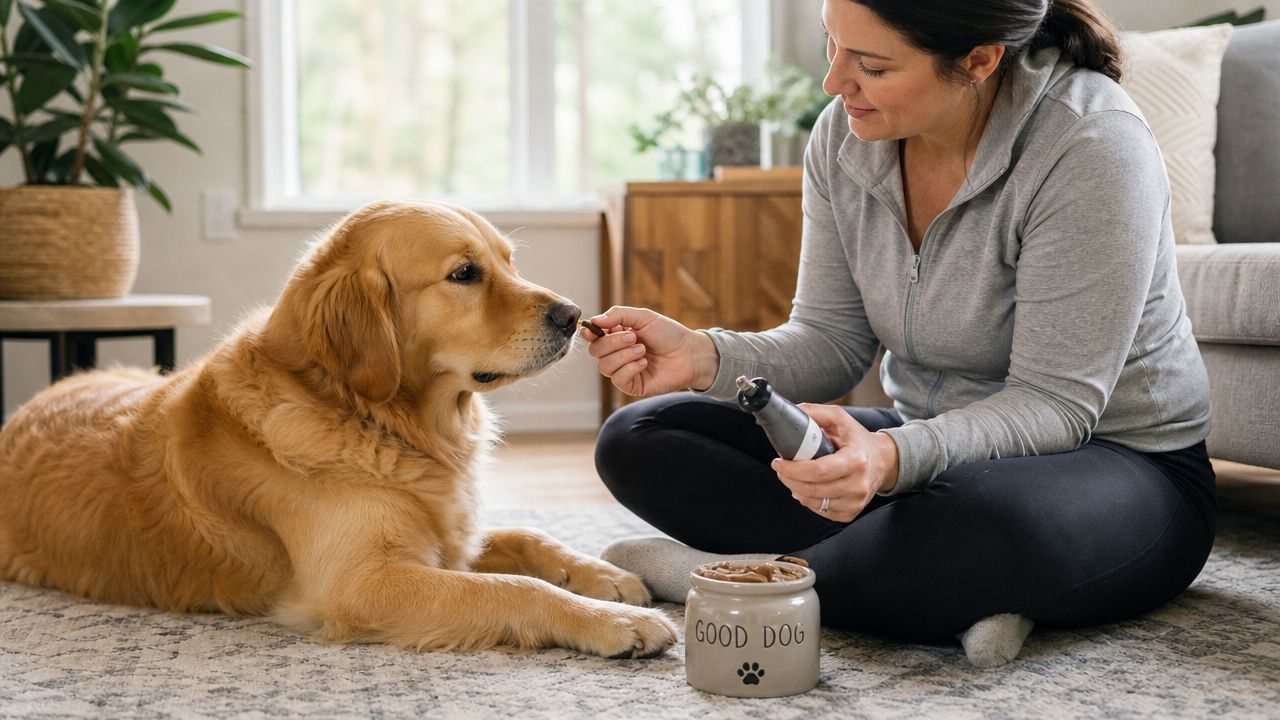 A woman sits on a living room rug while using a dog nail grinder to groom her golden retriever.