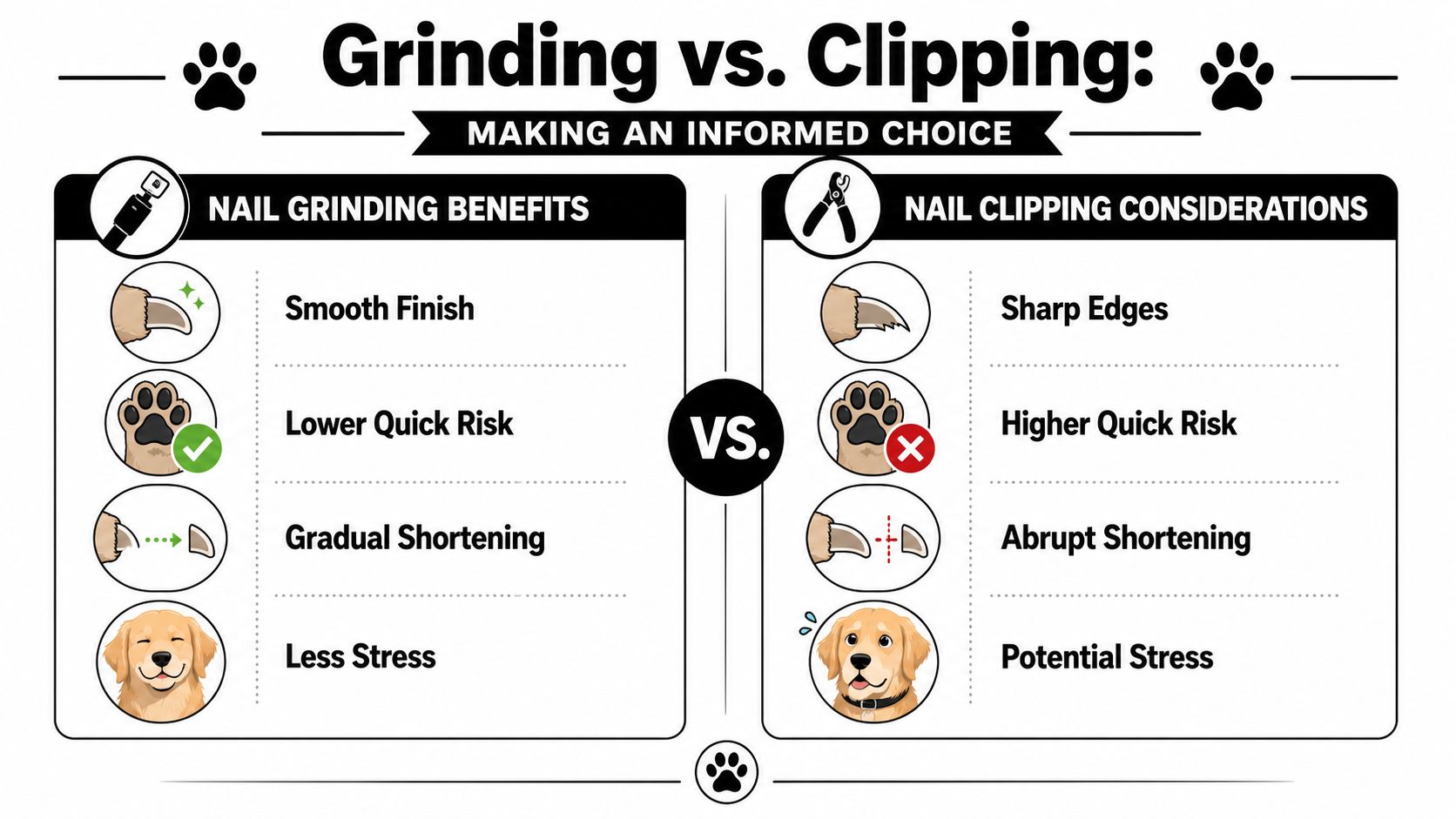 An infographic comparing the benefits of dog nail grinding against the considerations of nail clipping.