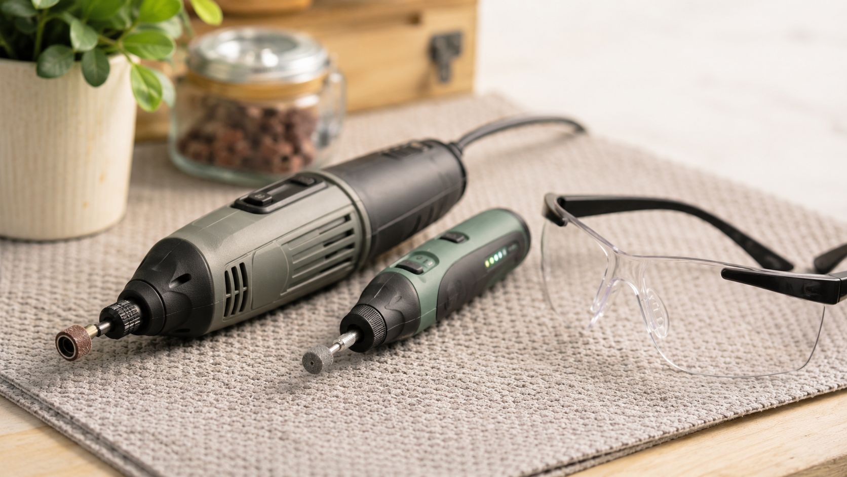 A handheld power grinder for dog nails sits next to a smaller cordless tool and protective goggles.