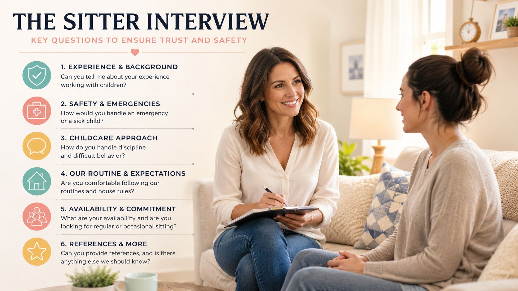 A woman interviewing a potential babysitter on a couch while taking notes during a home visit.