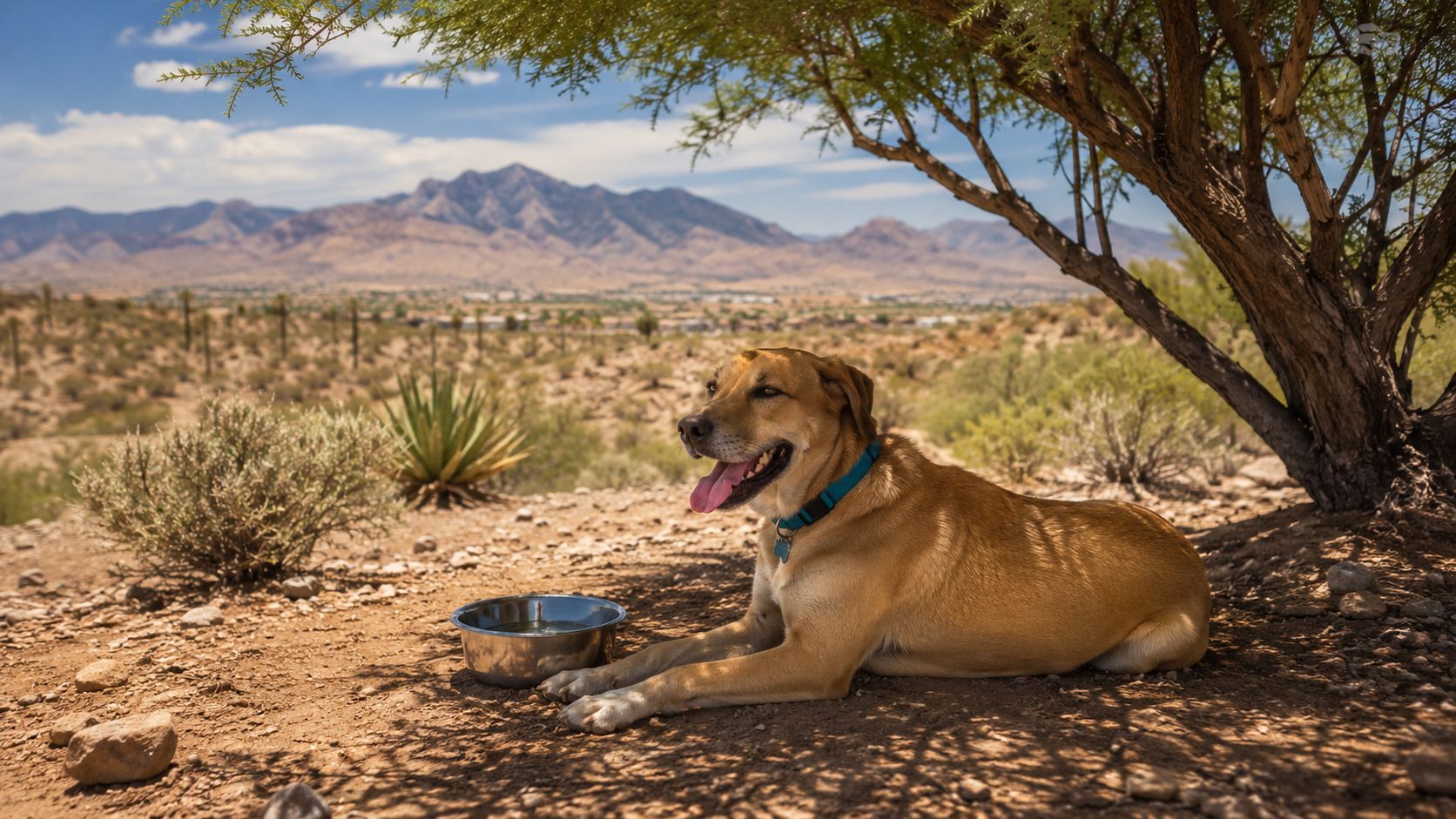 A happy light-brown dog with a blue collar resting in the desert shade beside a water bowl.