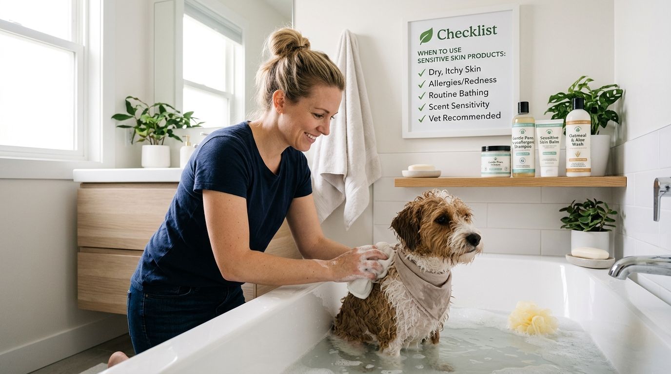 A woman gently washing her small scruffy dog in a bathtub using sensitive skin dog grooming products.