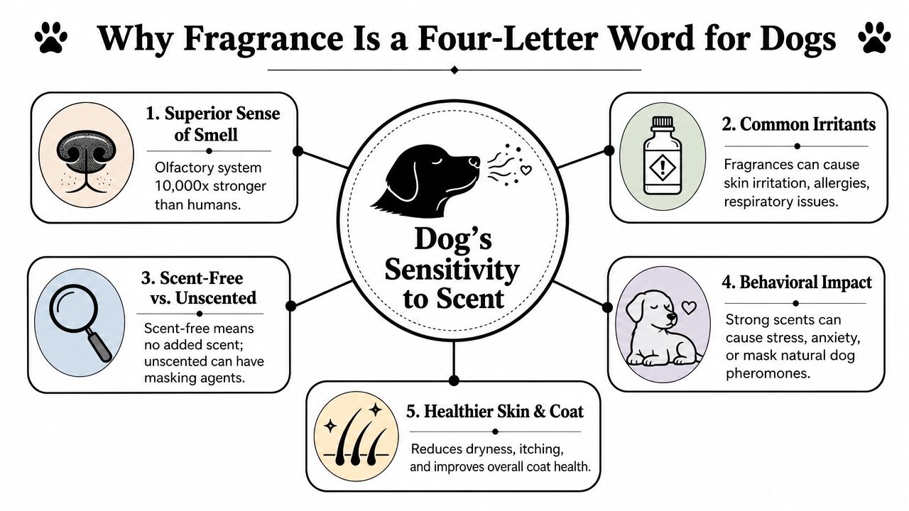 An infographic titled Why Fragrance Is a Four-Letter Word for Dogs, detailing five reasons to avoid artificial scents.