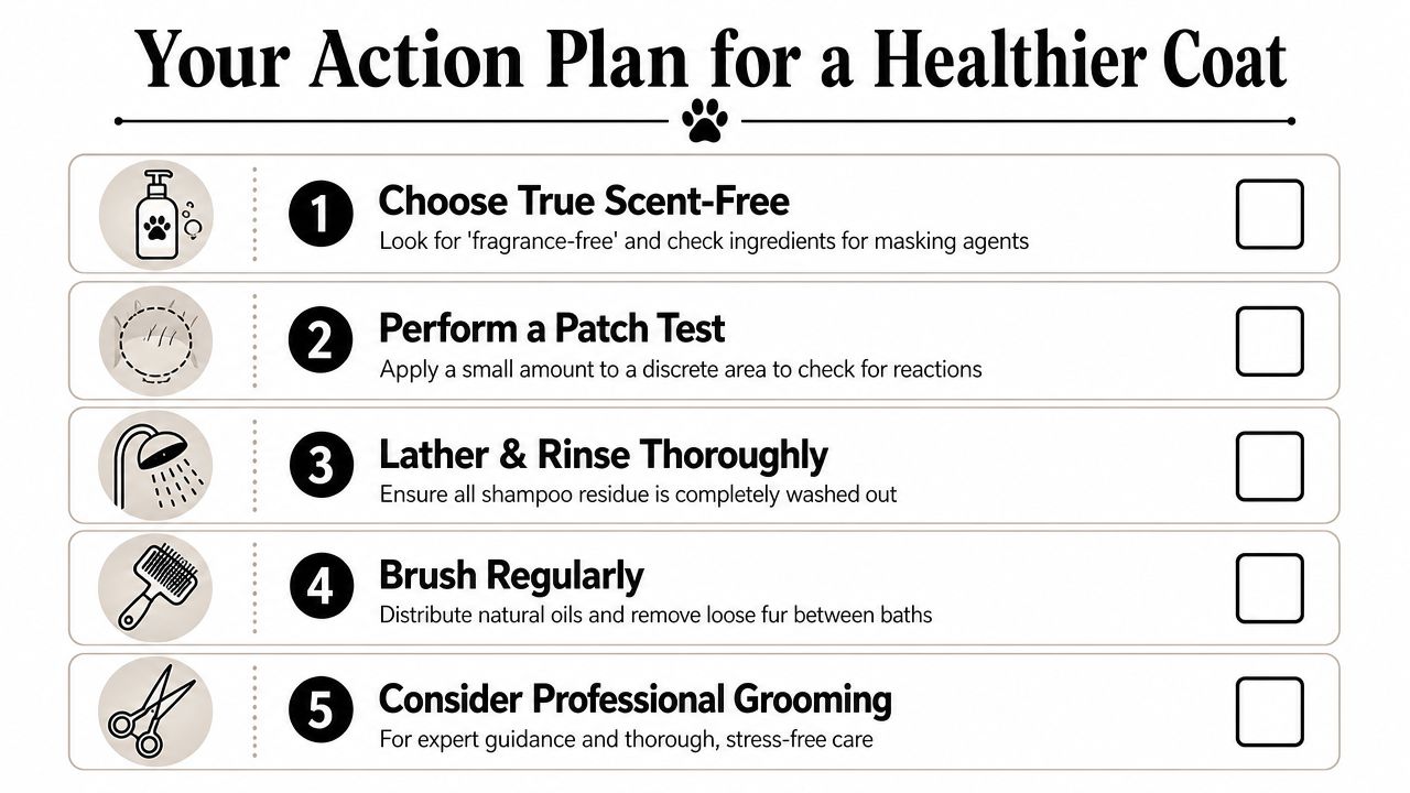 A five-step checklist for a healthier dog coat, focusing on natural grooming habits and scent-free shampoo.