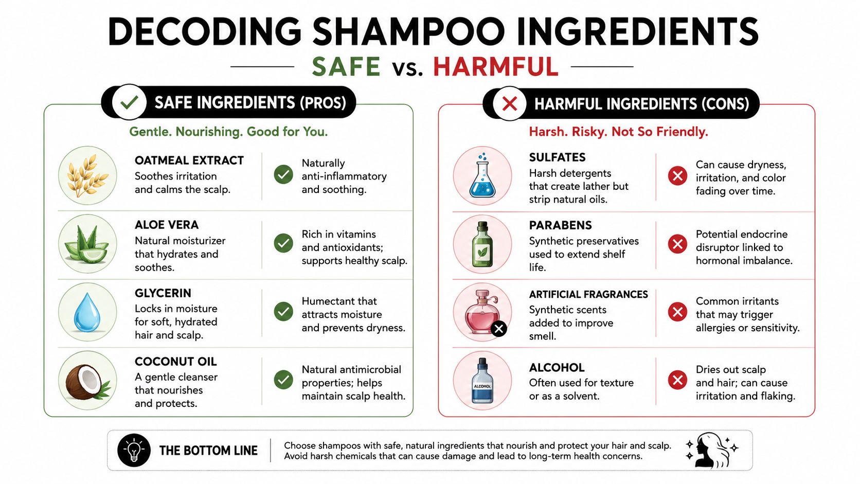 An infographic comparing safe natural ingredients like oatmeal and aloe vera against harmful shampoo additives like sulfates.