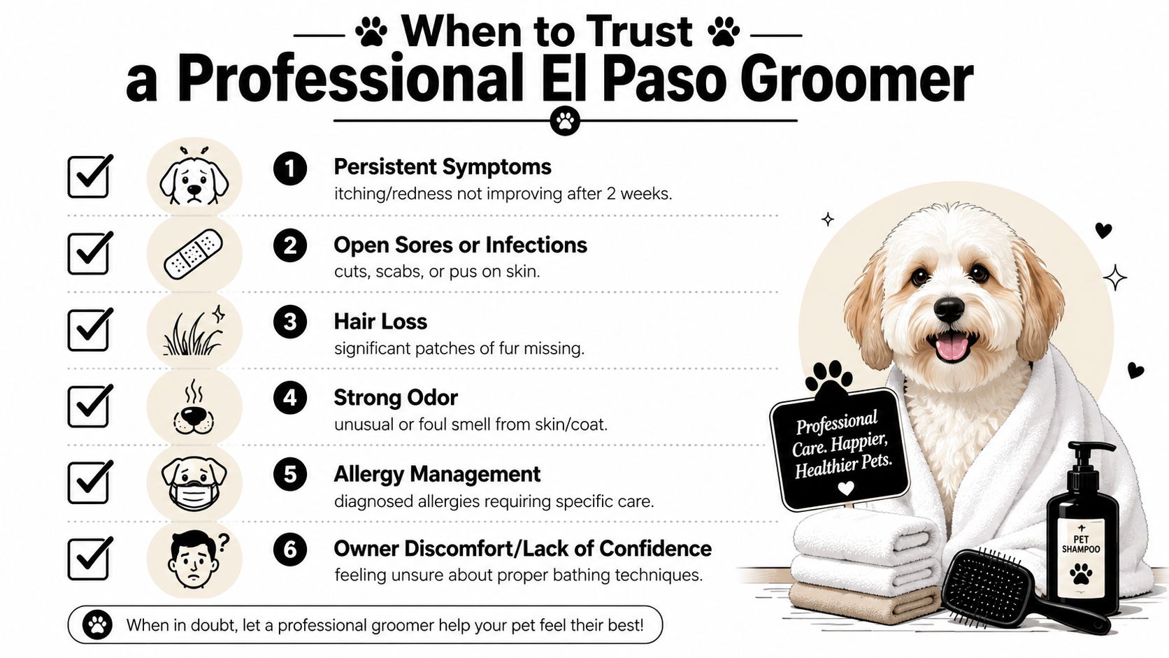 An infographic titled When to Trust a Professional El Paso Groomer, highlighting six reasons for professional pet grooming.