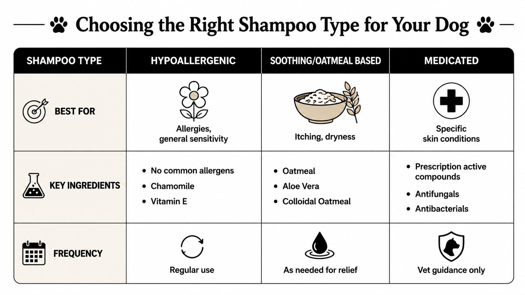 A helpful chart detailing different types of dog shampoos based on skin sensitivity and specific conditions.